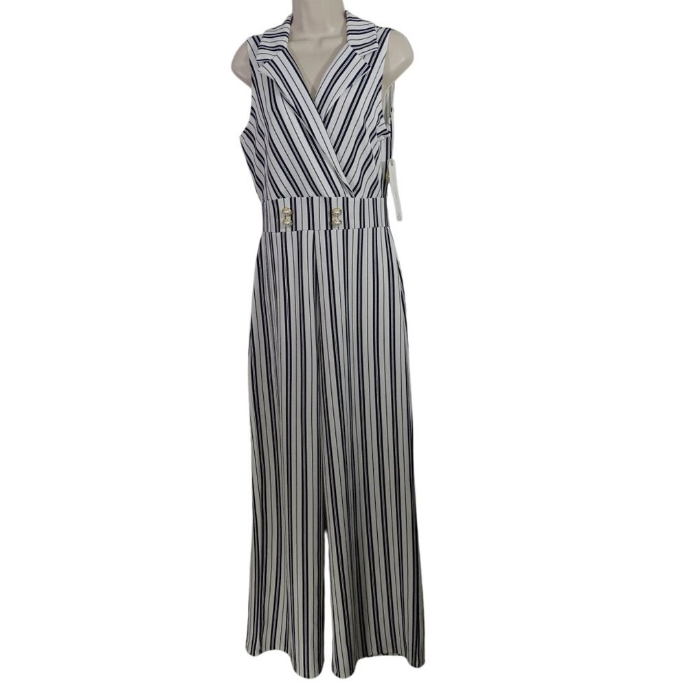 Almost Famous Striped Sleeveless Jumpsuit Women Size L Pearl Button Wide Leg NEW